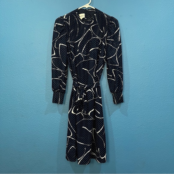 Vintage 70s Lynn Davis Sheer Blue White Polka Dot Dress With Tie Union Tag Sz 12 - Picture 2 of 16